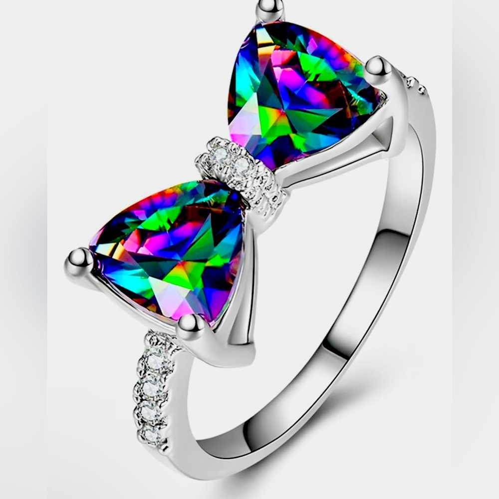 Cubic Zirconia 925 Sterling Silver Plated Butterfly Bow Crystal Ring - Picture 2 of 4